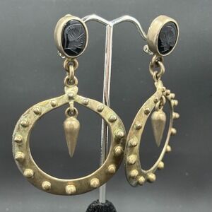 Vintage Sterling Silver Clip-On Earrings with Carved Black Onyx Cameos – 2.75"